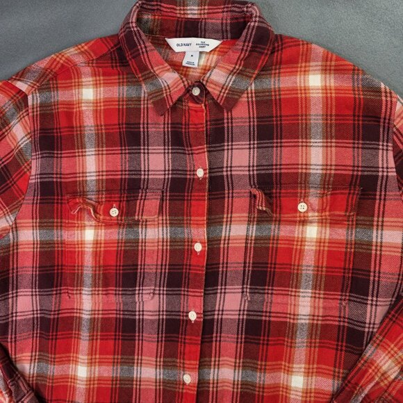 Old Navy Flannel Shirt Womens Medium Red Plaid Boyfriend Cozy School Outdoors - Picture 4 of 11